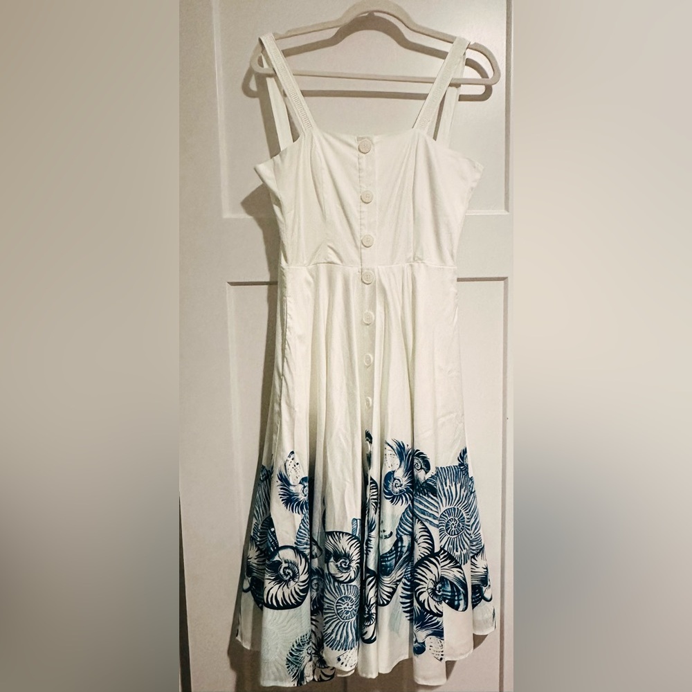 White Summer Dress with Blue Flloral Print- WHBM - NWOT